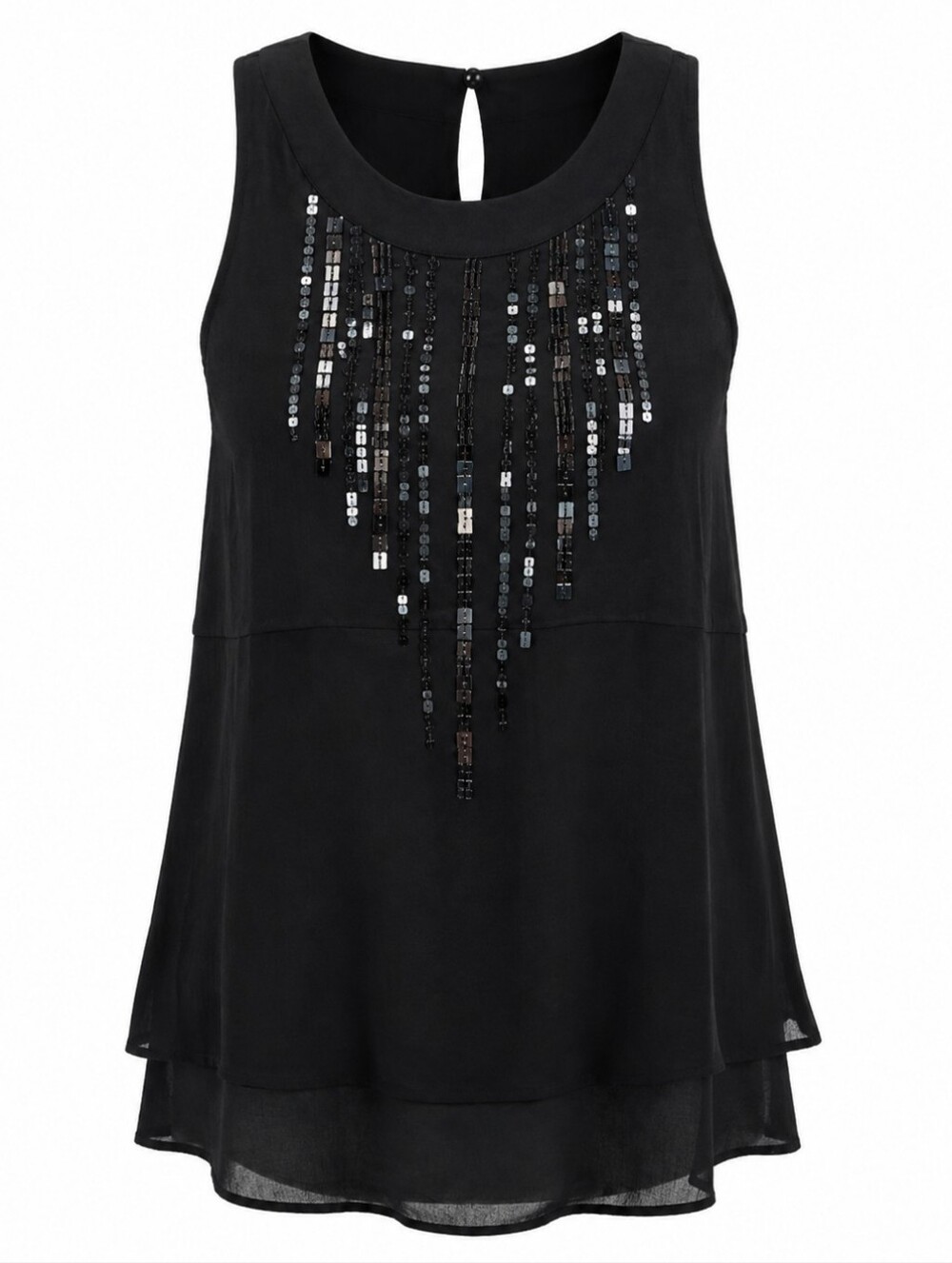 NWT Dolce Cabo Black Sequin Fringe Sleeveless Layered Tunic Top S NYE Vegas